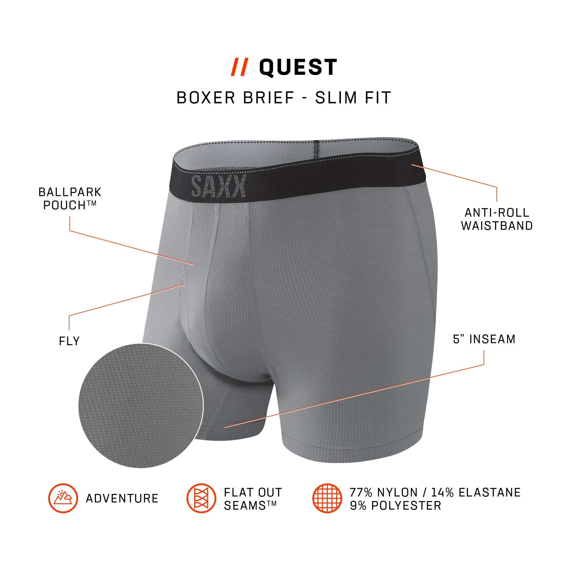 Saxx Quest Quick Dry Mesh Boxer Brief Fly - Dark Charcoal